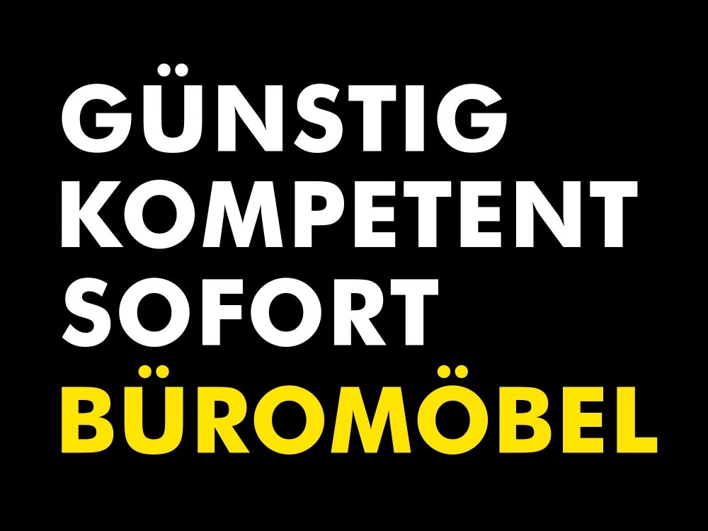 Fahrgastfernsehen von Büromöbel Müller aus München mit gelber und weißer Schrift auf Schwarzem Hintergrund.