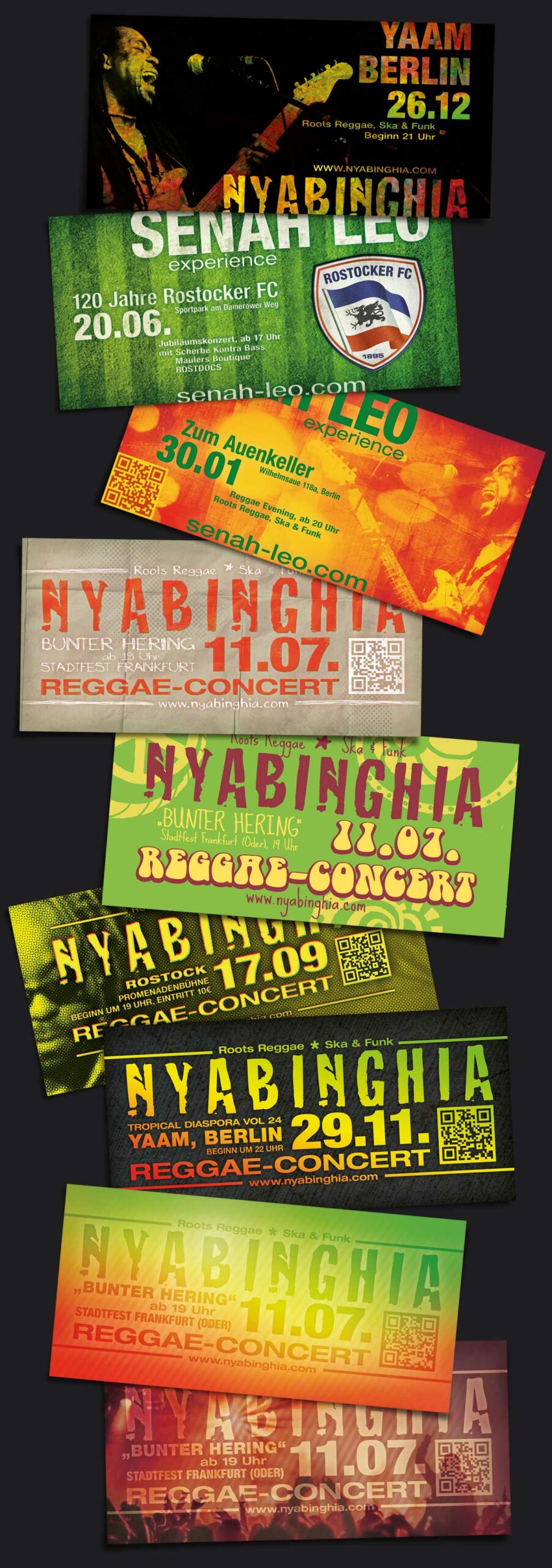 Diverse Reggea-Konzert-Flyer in den Farbtönen gelb, grün, orange und schwarz gehalten.