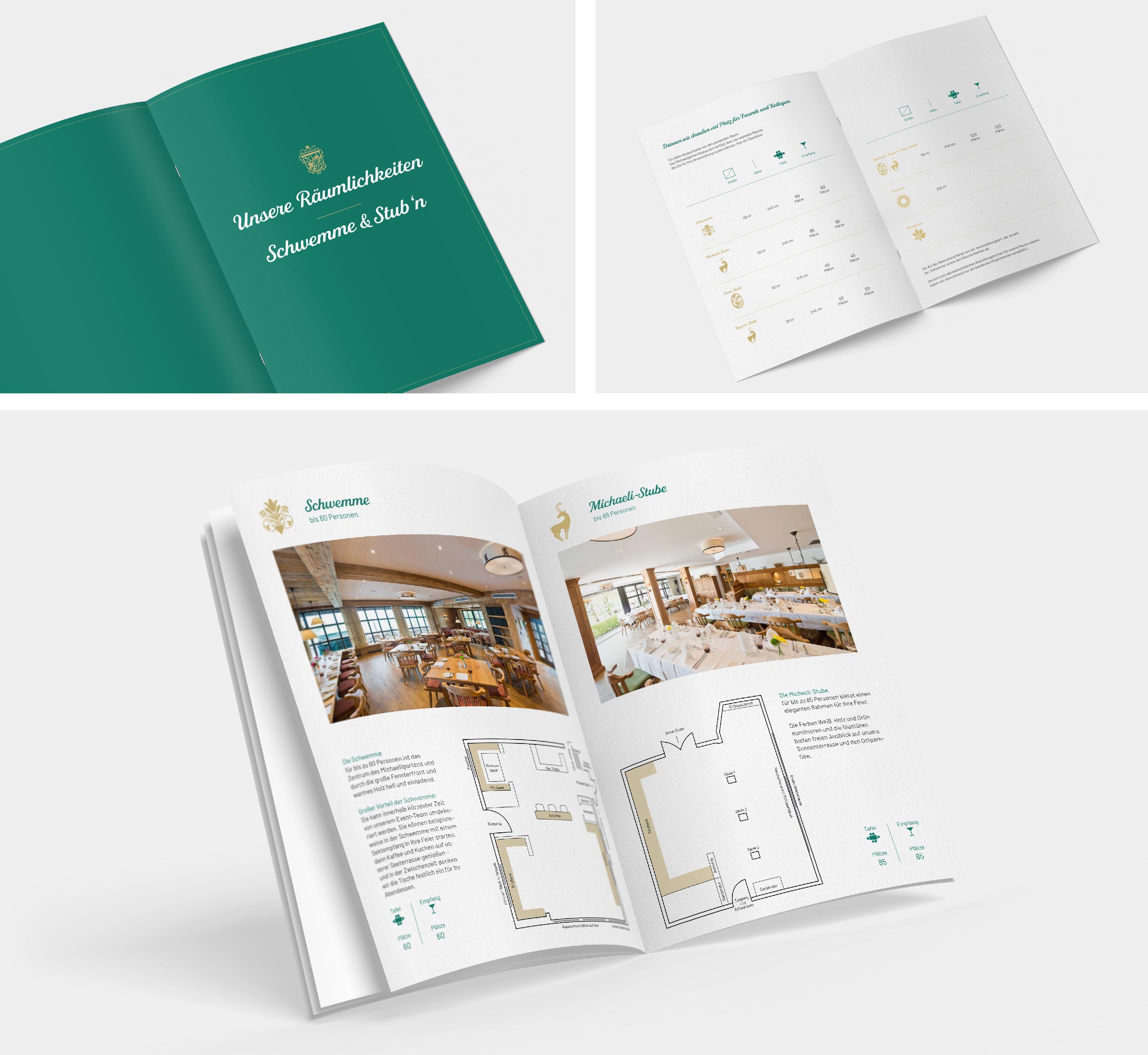 Collage verschiedener Infoseiten der Bankettmappe für die Gastronomie Michaeligarten in München.