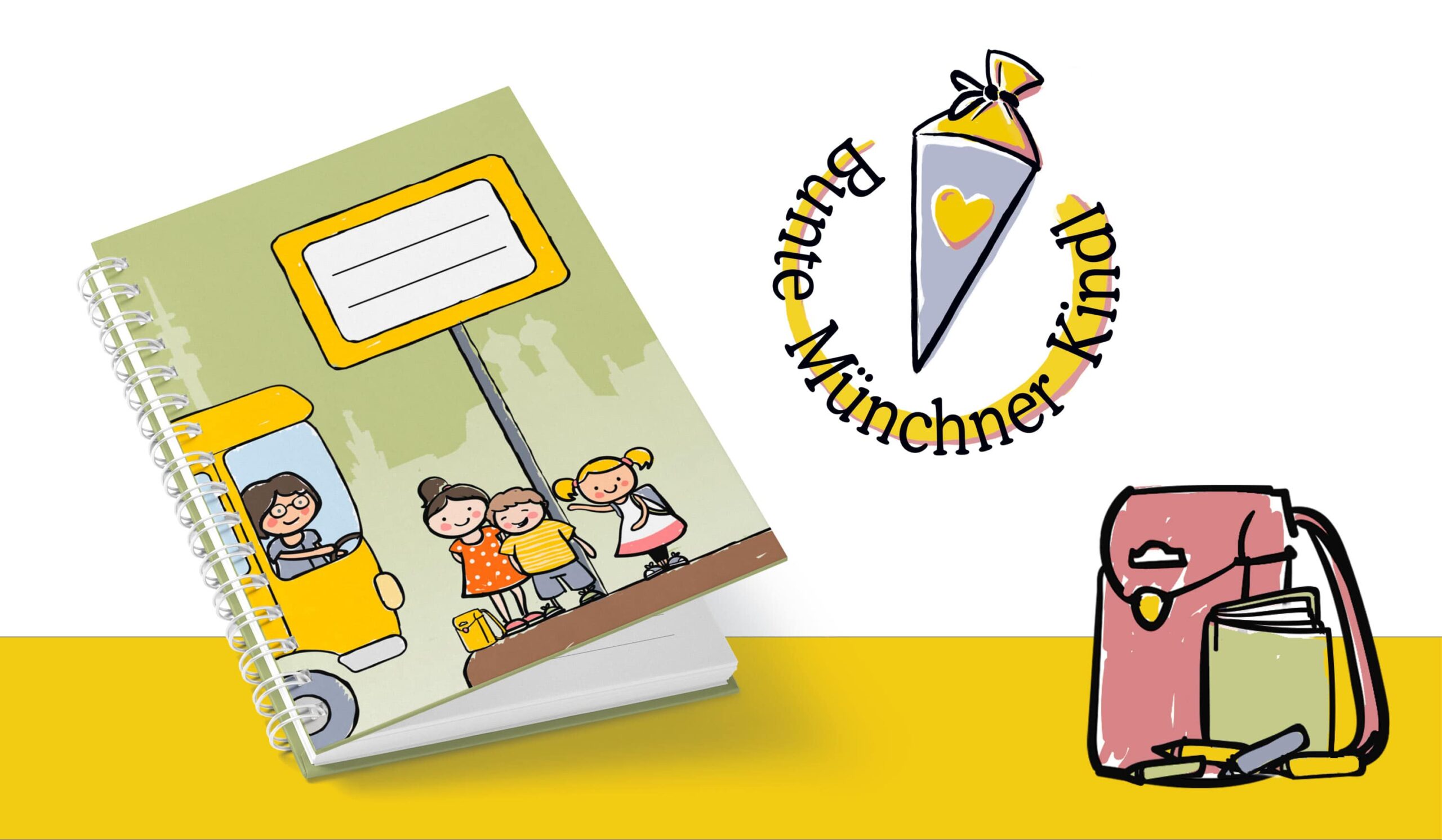 Mockup der Frontseite des nachhaltigen Hausaufgabenheft Bunte Münchner Kindl München, daneben sind Logo und eine Illustration eines Schulranzens