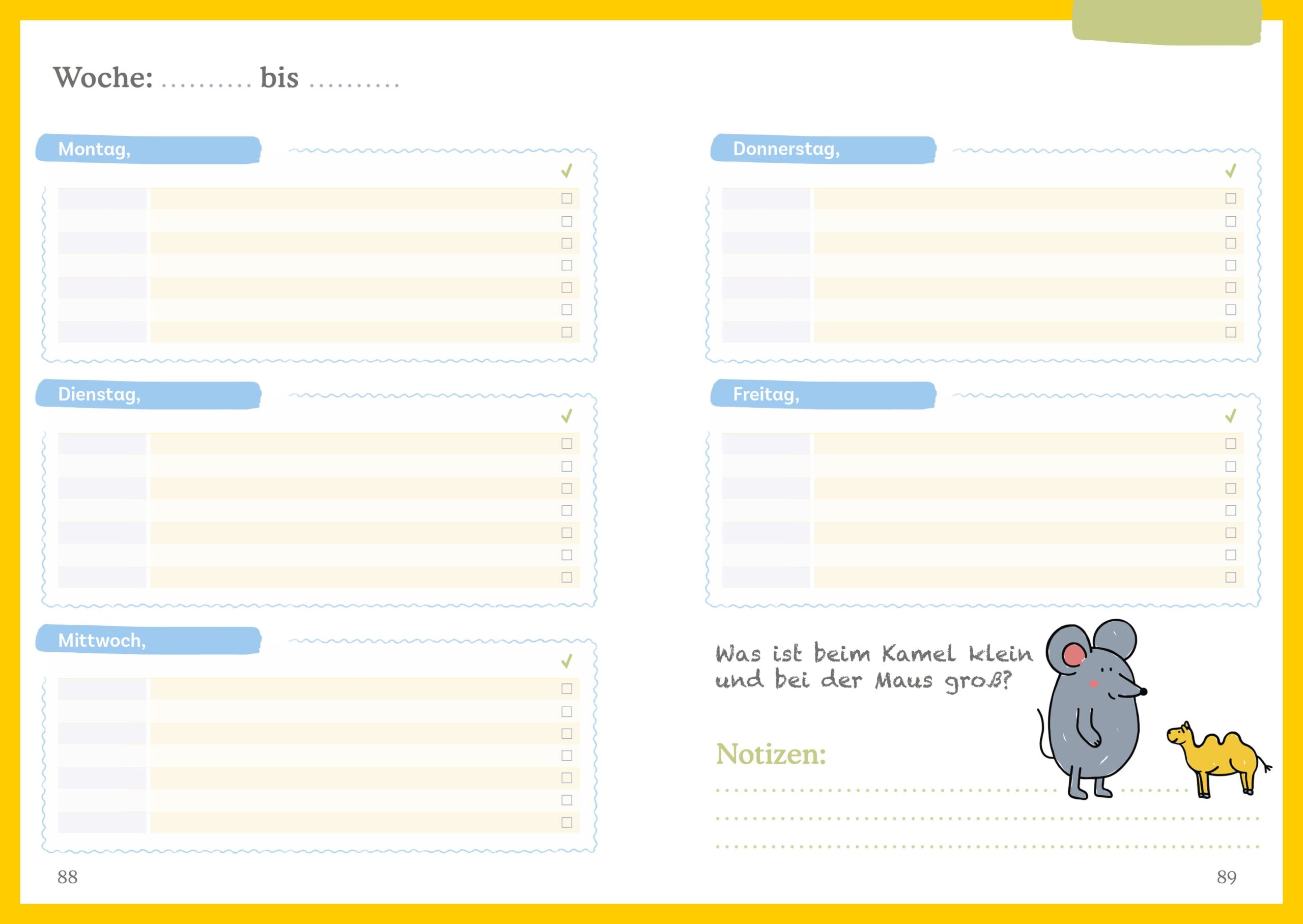 Eine undatierte Wochenübersicht aus dem nachhaltigen Hausaufgabenheft Bunte Münchner Kindl München mit Illustration einer Maus und einem Kamel zur Untermalung eines Witzes.