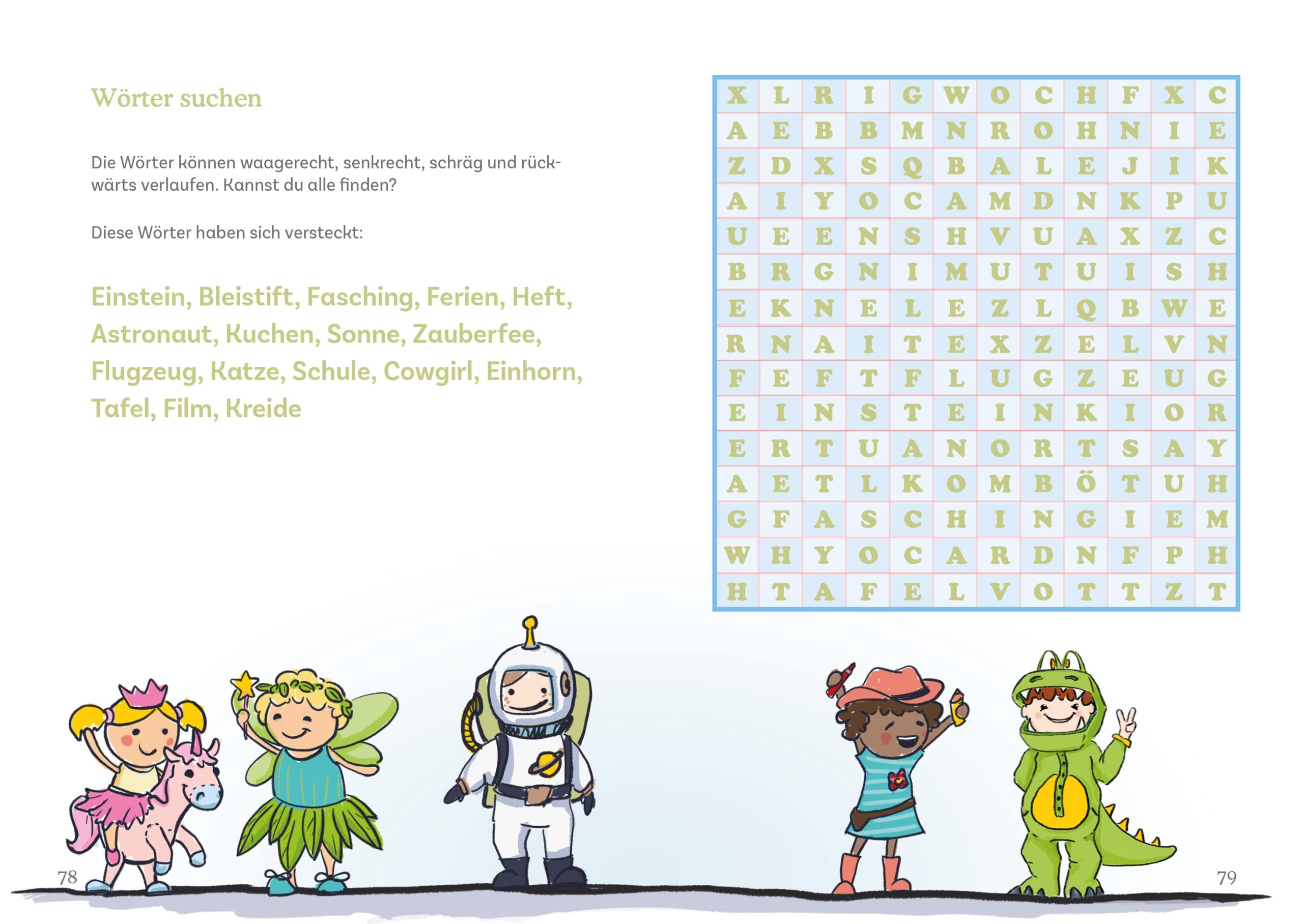 Gestaltet wurde hier eine Doppelseite mit einem Wörtersuchrätsel, darunter sind fünf Illustrationen von Kindl in verschiedenen Karnevalskostümen abgebildet.