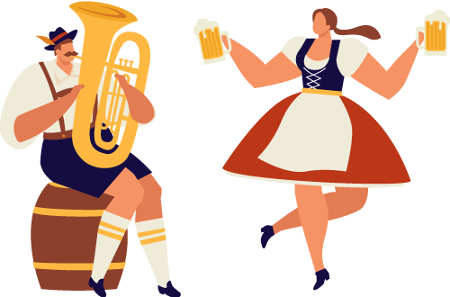 Illustration von einem Mann und einer Frau in bayrischer Tracht. die Frau hält jeweils eine Maß in der Hand und Tanz zur Musik des Mannes, welcher auf einem Holzfass sitzend Tuba spielt. Für unser Reservierungssystem für Gastronomie