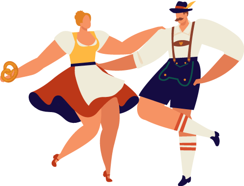 Illustration von einem Mann und einer Frau in bayrischer Tracht, die gemeinsam tanzen, die Frau hält eine Bretzel.