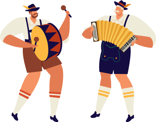 Illustration von zwei Musikern in bayrischer Tracht. Ein Mann spielt Trommel, der andere Akkordeon.