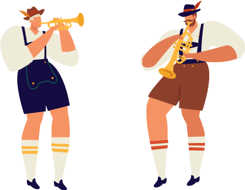 Illustration von zwei Trompetenspieler in bayrischer Tracht, für unser Reservierungssystem für Gastronomie