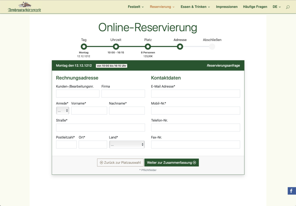 Reservierungssystem für Gastronomie: CMS Online Reservierungstool für das Armbrustschützenzelt München. Screen zur Eingabe der Rechnungsadresse.