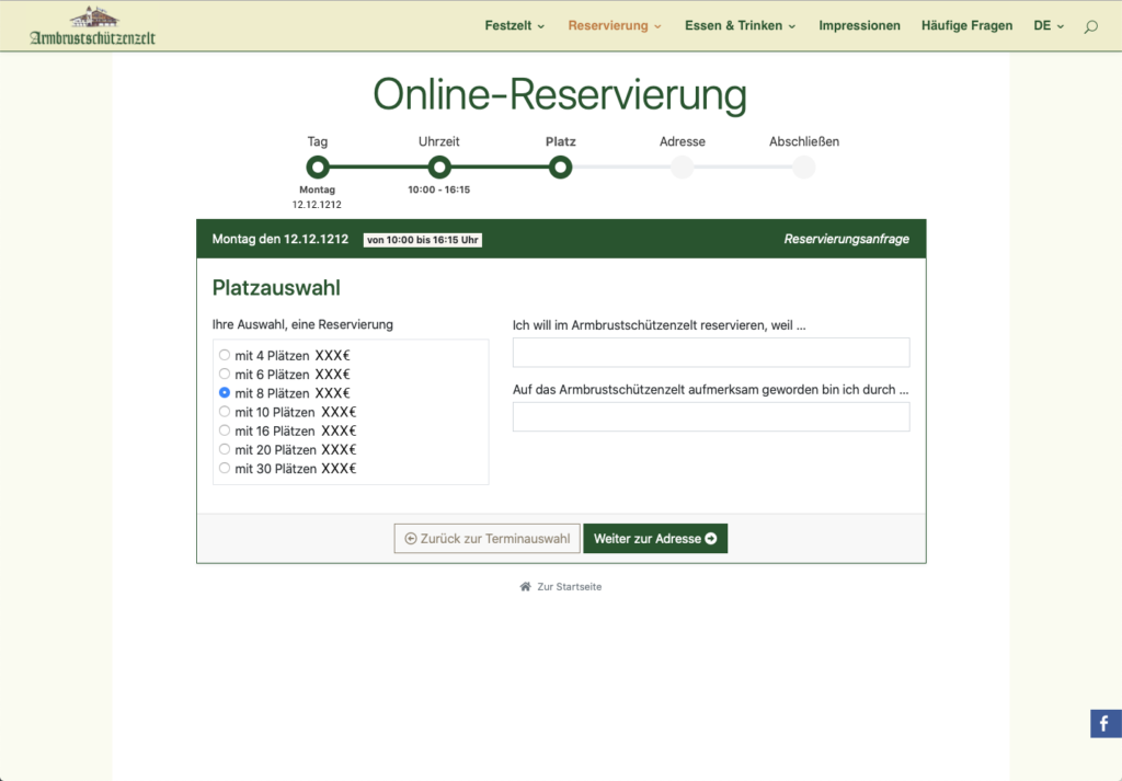 Reservierungssystem für Gastronomie: CMS Online Reservierungstool für das Armbrustschützenzelt München. Screen zur Auswahl der gewünschten Sitzplatzanzahl.