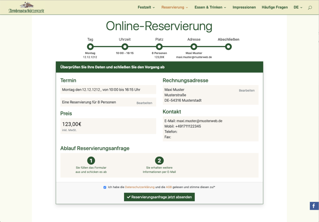 Reservierungssystem für Gastronomie: CMS Online Reservierungstool für das Armbrustschützenzelt München. Screen zur Überprüfung der eingegebenen Reservierungs- und Rechnungsdaten.