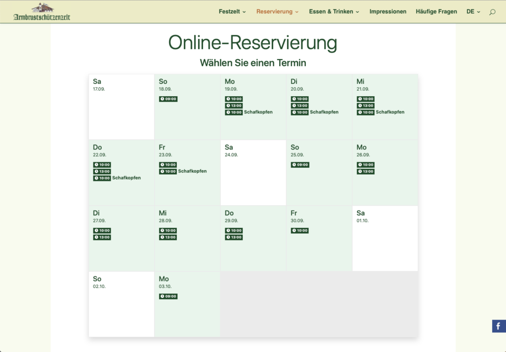 Reservierungssystem für Gastronomie: CMS Online Reservierungstool für das Armbrustschützenzelt München. Screen zum wählen des gewünschten Termins.