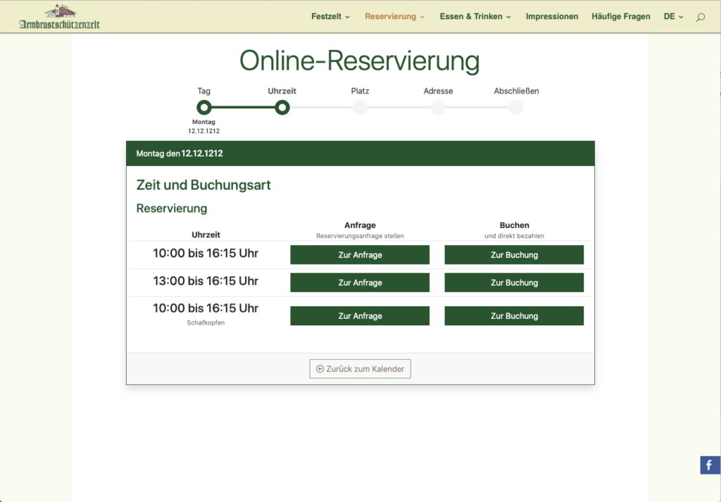 Reservierungssystem für Gastronomie: CMS Online Reservierungstool für das Armbrustschützenzelt München. Screen zum wählen der gewünschten Uhrzeit.