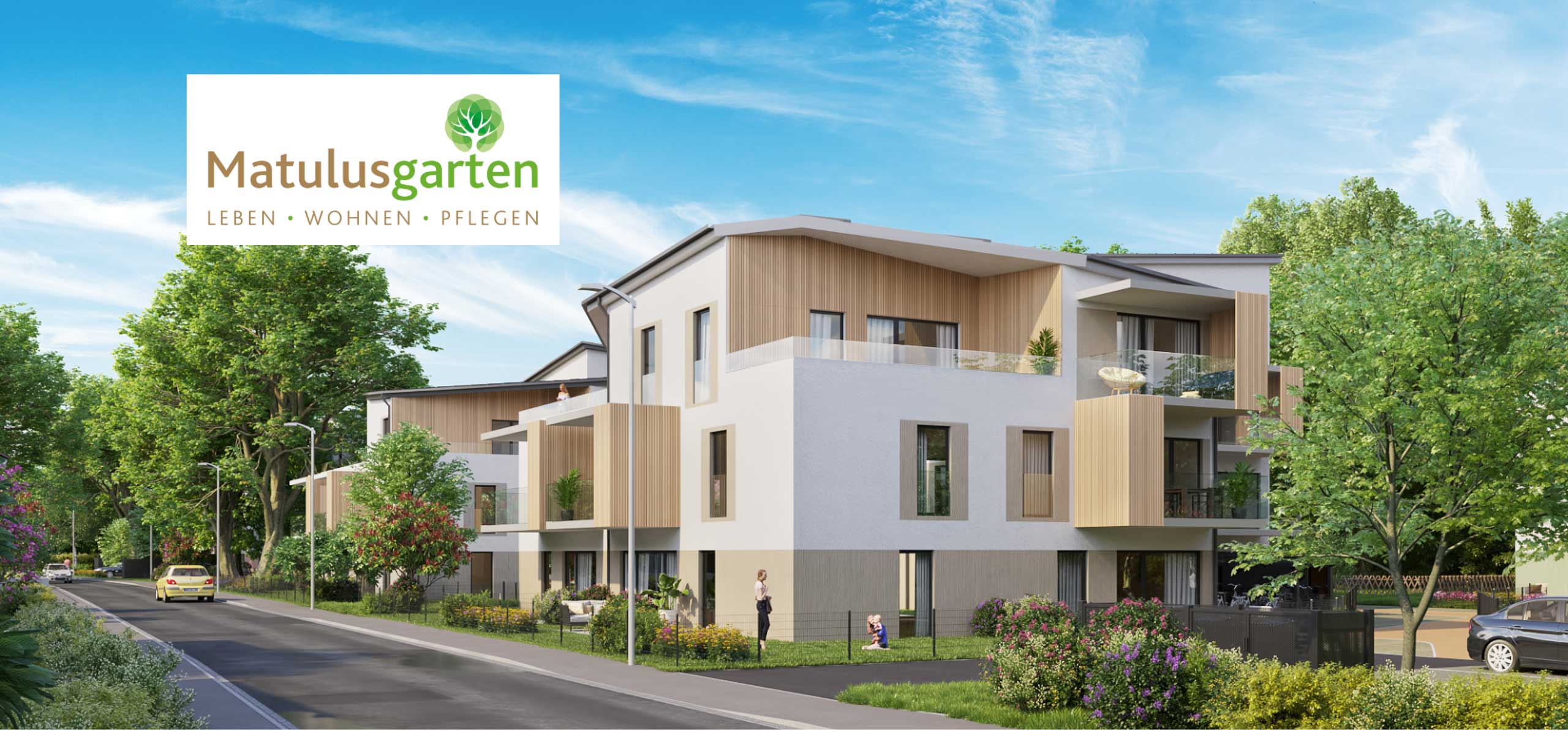 Headergrafik der neuen Wohnsiedlung mit Matulusgarten Logo.