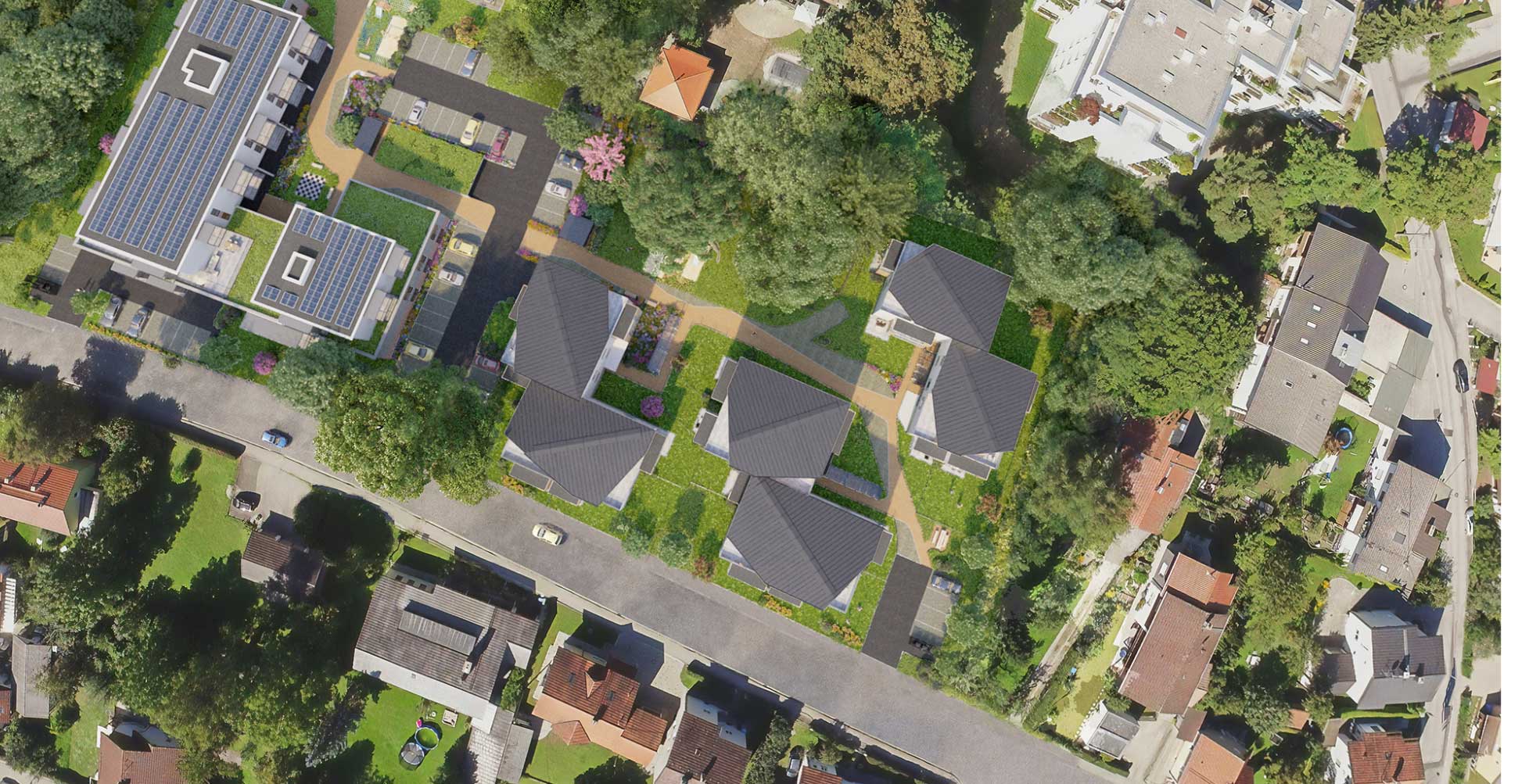 Vorschaufoto vom neuen Wohnbauprojekt Matulusgarten aus der Vogelperspektive.
