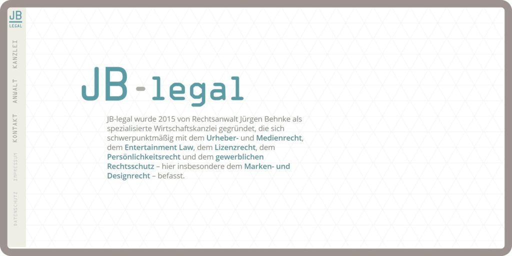 Homescreen der responsiven Webseite für die Anwaltskanzlei JB-legal in München. Die Webseite wurde auf dem Content-Managementsystem Wordpress und den Programmiersprachen PHP, Javascript, HTML, CSS realisiert.