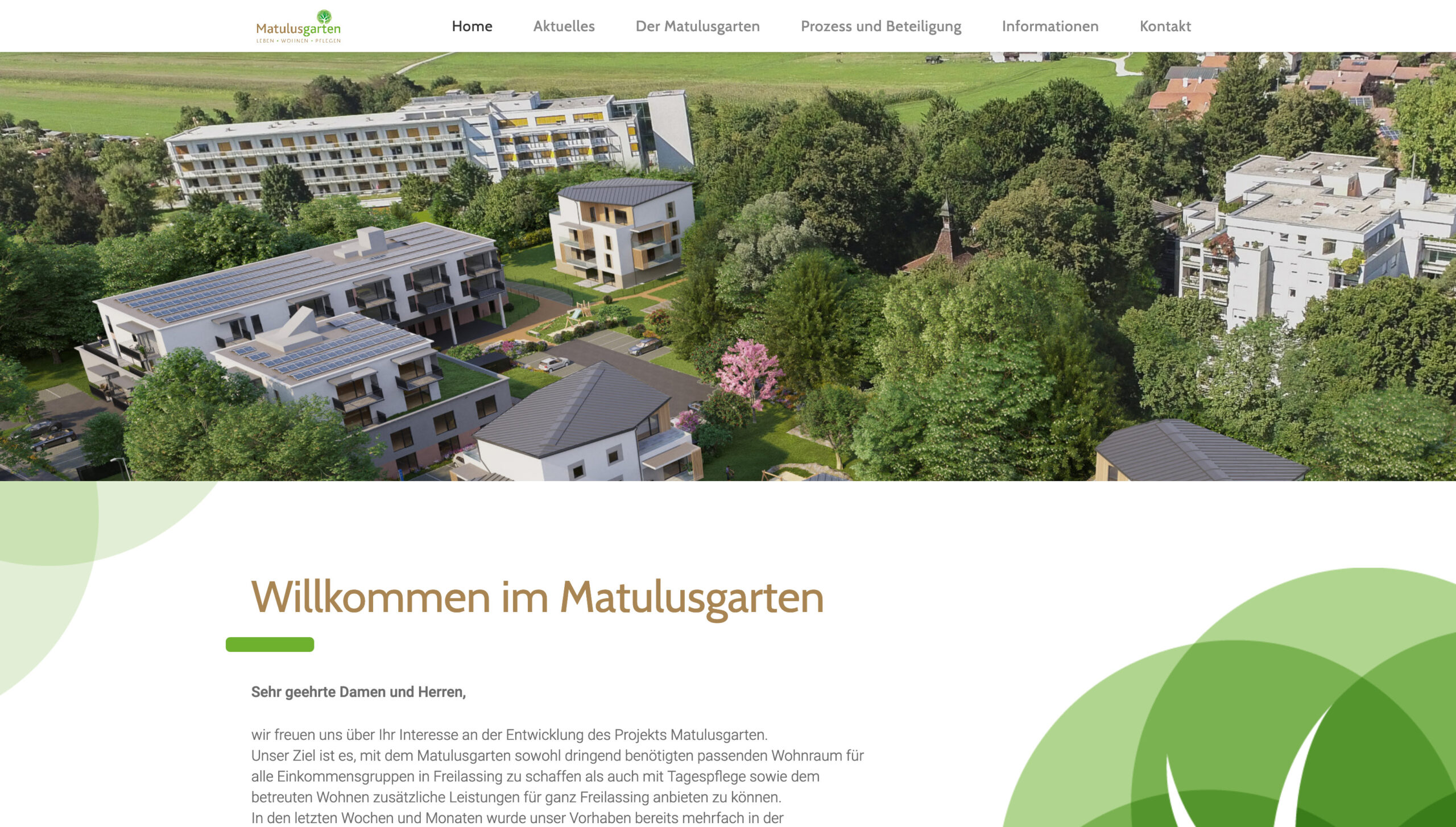 Homescreen der responsiven Webseite für den Bürgerdialog und Wohnungsbau Matulusgarten in München. Die Webseite wurde auf dem Content-Managementsystem Wordpress und den Programmiersprachen PHP, Javascript, HTML, CSS realisiert.