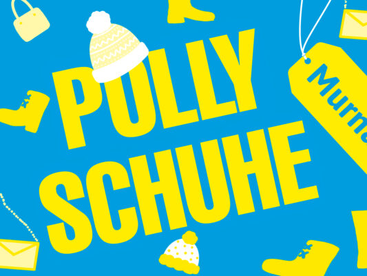 Kachelbild für die Webseite Polly Schuhe Garmisch-Patenkirchen. Die Worte Polly Schuhe wurden schräg in gelben Großbuchstaben auf blauem Grund platziert, drumherum befinden sich diverse Illustrationen von Schuhen und Accesoires.