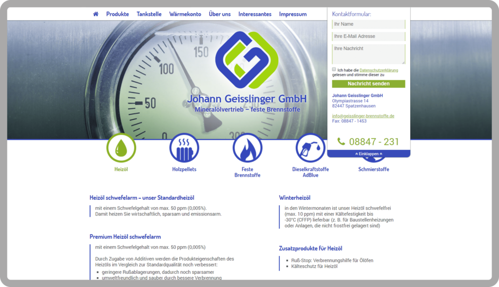 Dropdown Kontaktformular der responsiven Webseite für Geisslinger Brennstoffe in Garmisch Patenkirchen. Die Webseite wurde auf dem Content-Managementsystem Wordpress und den Programmiersprachen PHP, Javascript, HTML, CSS realisiert.