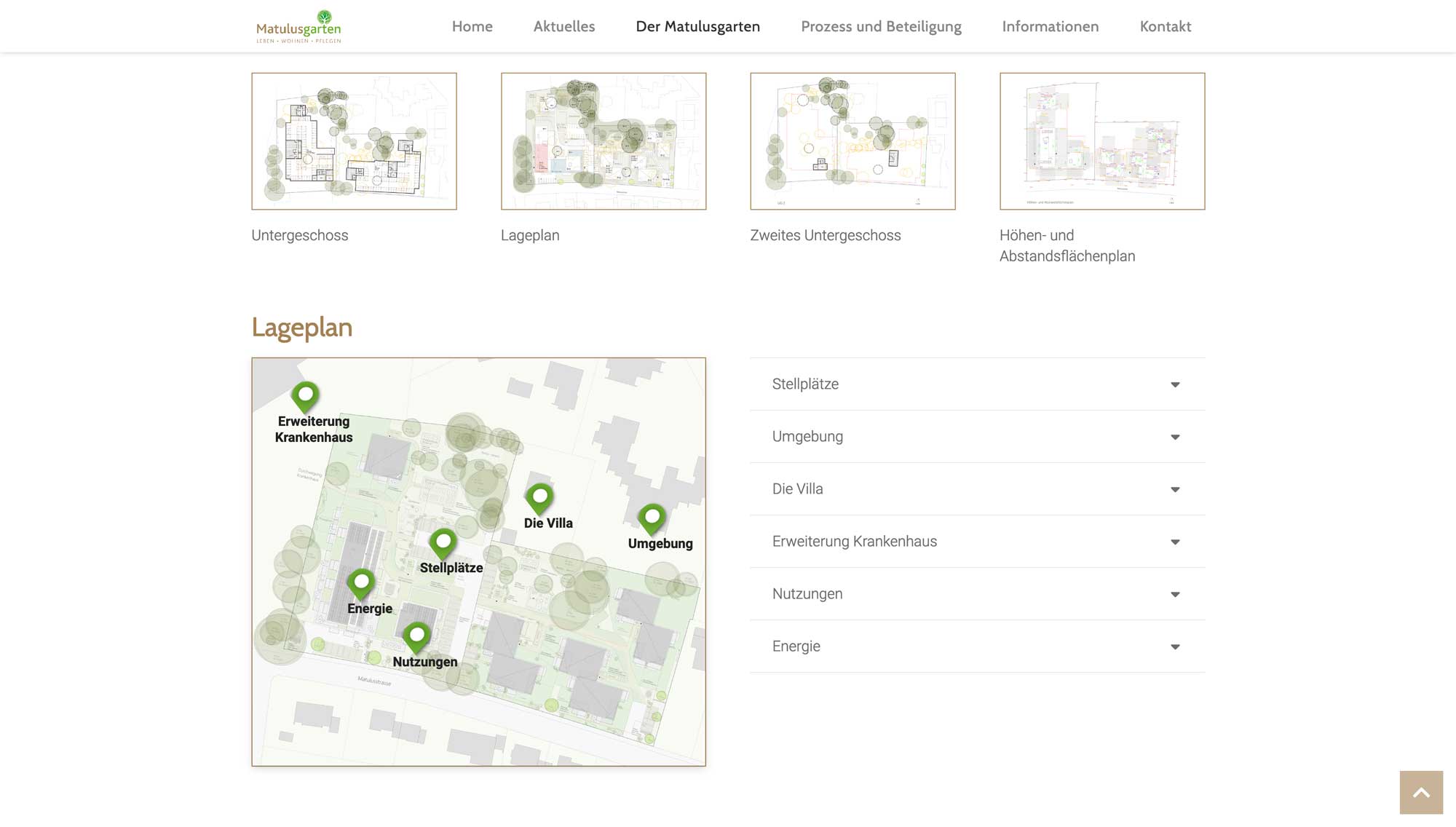 Screenshot der responsiven Webseite für den Bürgerdialog und Wohnungsbau Matulusgarten in München. Die Webseite wurde auf dem Content-Managementsystem Wordpress und den Programmiersprachen PHP, Javascript, HTML, CSS realisiert.