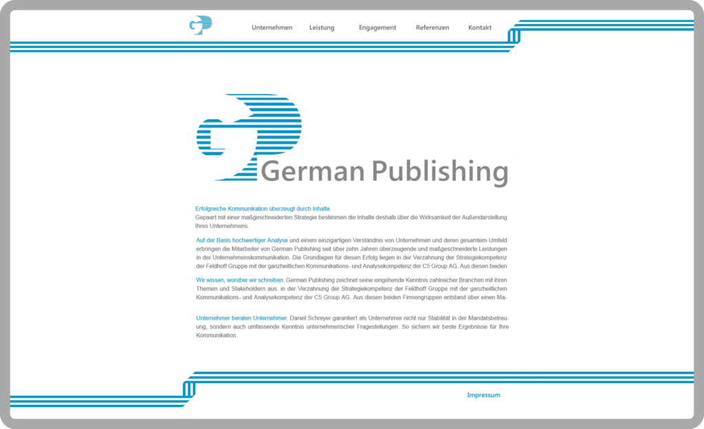 Startseite der responsiven Webseite für die Kommunikationsagentur German Publishing ,München, Garmisch-Patenkirchen. Die Webseite wurde auf dem Content-Managementsystem Wordpress und den Programmiersprachen PHP, Javascript, HTML, CSS realisiert.