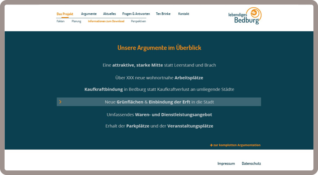 Unterseite Argumente für Lebendiges Bedburg in Köln wurde auf dem Content-Managementsystem Wordpress und den Programmiersprachen PHP, Javascript, HTML, CSS realisiert.