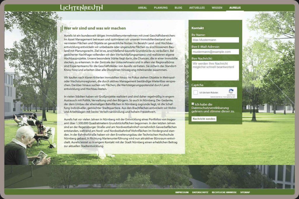 Unterseite Aurelis für Lichtenreuth in Nürnberg wurde auf dem Content-Managementsystem Wordpress und den Programmiersprachen PHP, Javascript, HTML, CSS realisiert.