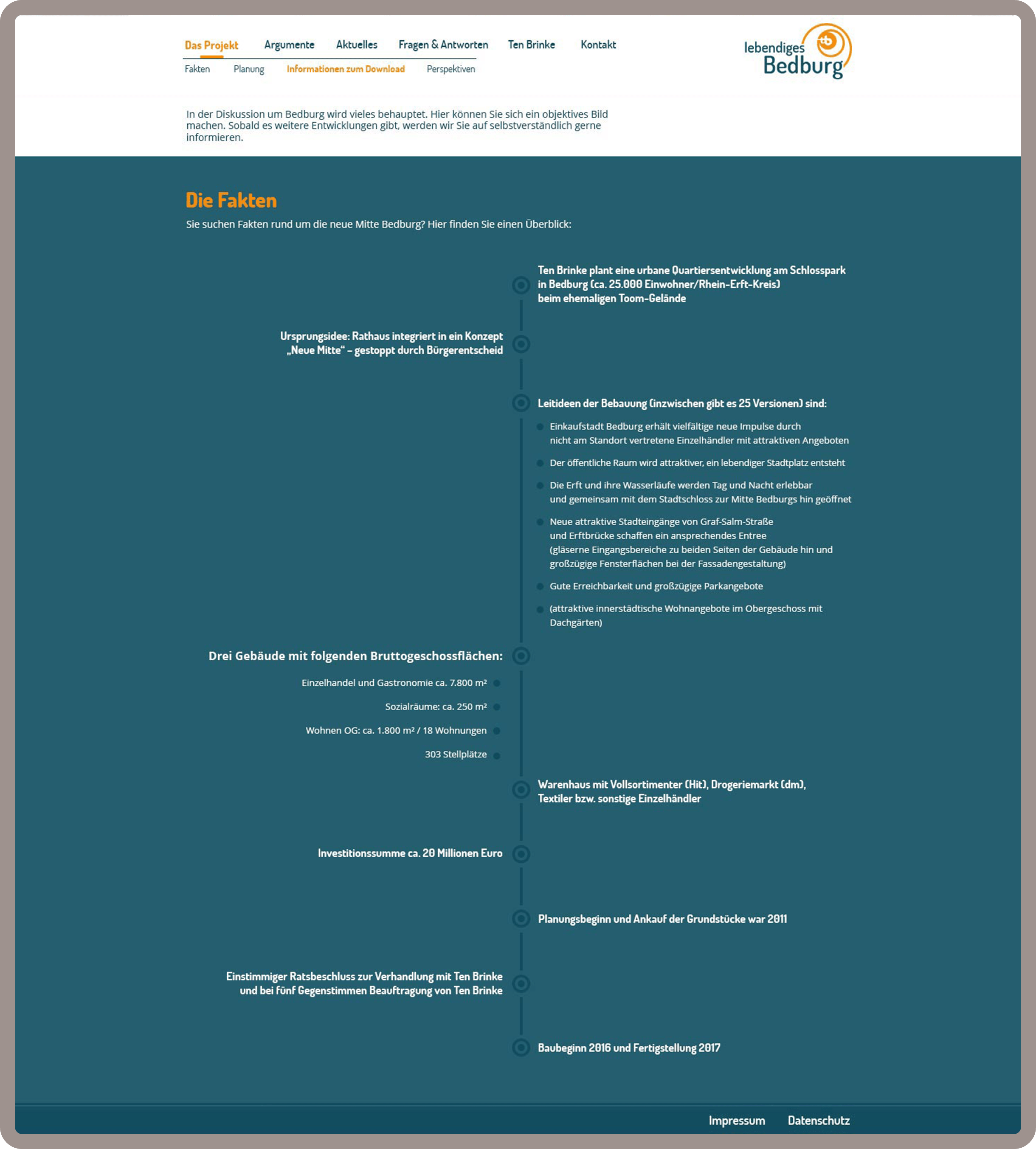 Unterseite Die Fakten für Lebendiges Bedburg in Köln wurde auf dem Content-Managementsystem Wordpress und den Programmiersprachen PHP, Javascript, HTML, CSS realisiert.