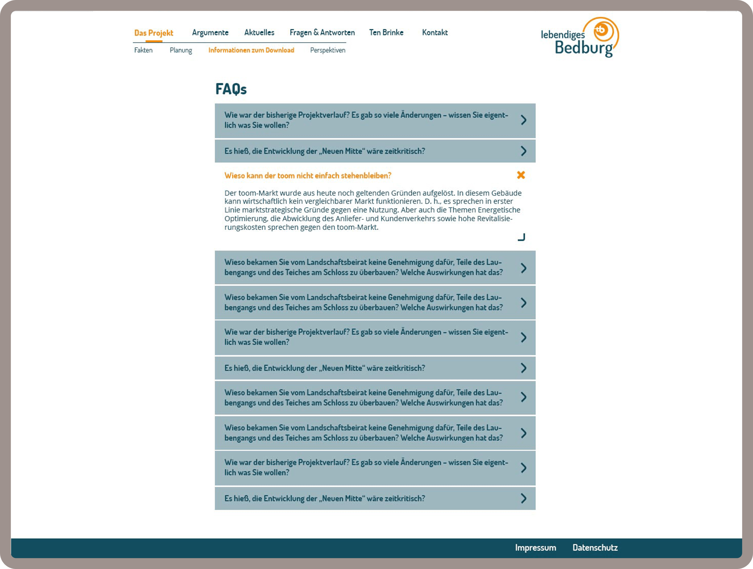 Unterseite FAQs für Lebendiges Bedburg in Köln wurde auf dem Content-Managementsystem Wordpress und den Programmiersprachen PHP, Javascript, HTML, CSS realisiert.