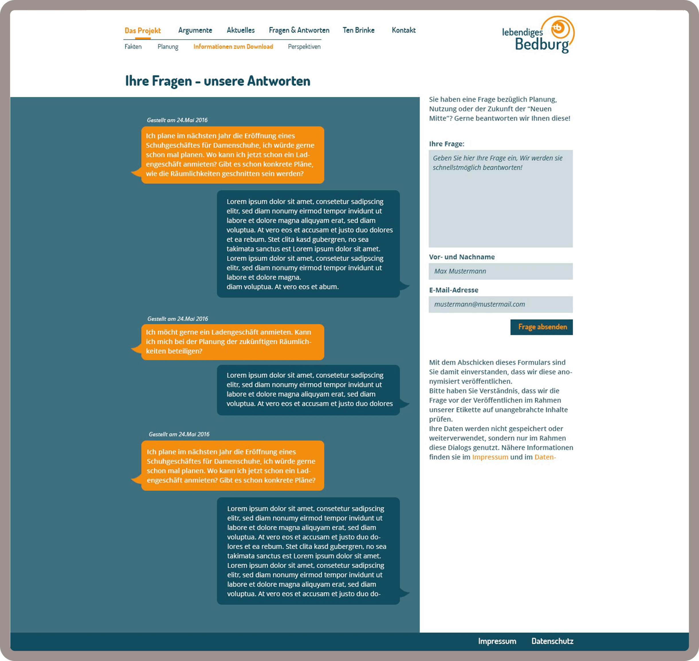 Unterseite Fragen und Antworten für Lebendiges Bedburg in Köln wurde auf dem Content-Managementsystem Wordpress und den Programmiersprachen PHP, Javascript, HTML, CSS realisiert.