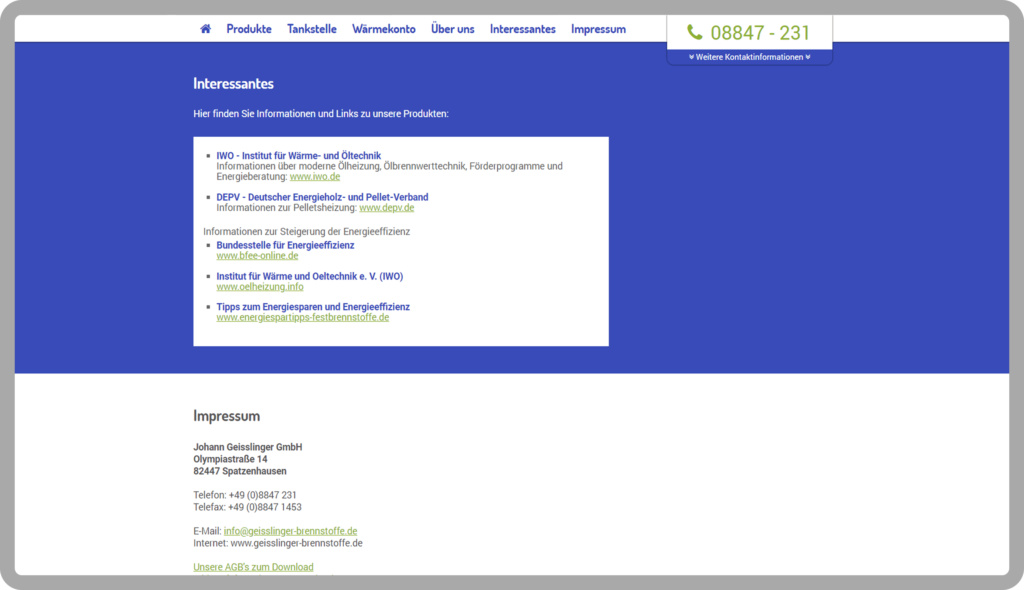 Unterseite Interessantes der responsiven Webseite für Geisslinger Brennstoffe in Garmisch Patenkirchen. Die Webseite wurde auf dem Content-Managementsystem Wordpress und den Programmiersprachen PHP, Javascript, HTML, CSS realisiert.