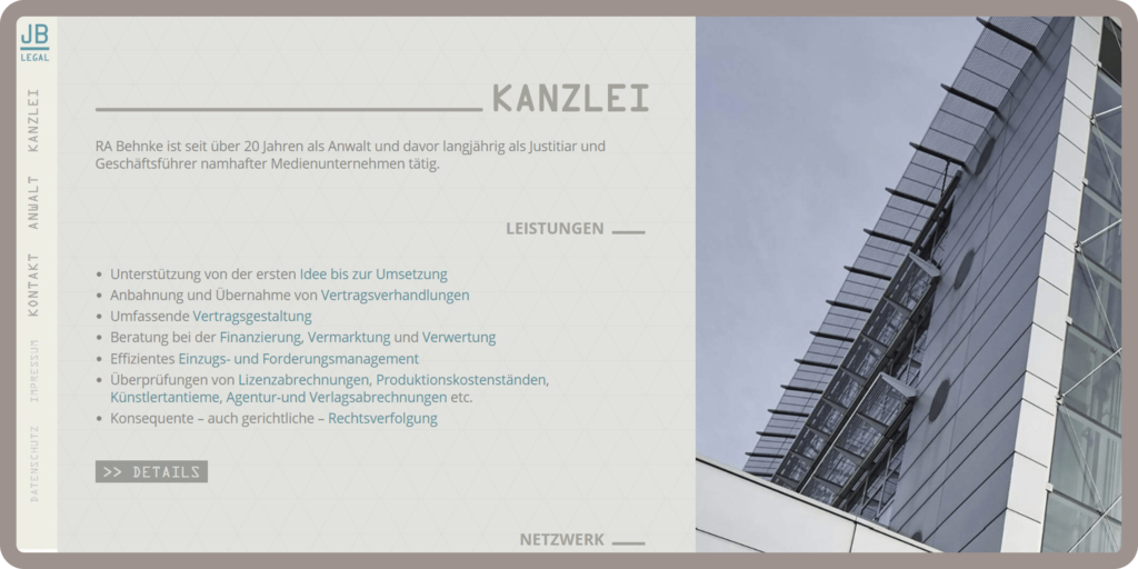 Unterseite Kanzlei der responsiven Webseite für die Anwaltskanzlei JB-legal in München. Die Webseite wurde auf dem Content-Managementsystem Wordpress und den Programmiersprachen PHP, Javascript, HTML, CSS realisiert.