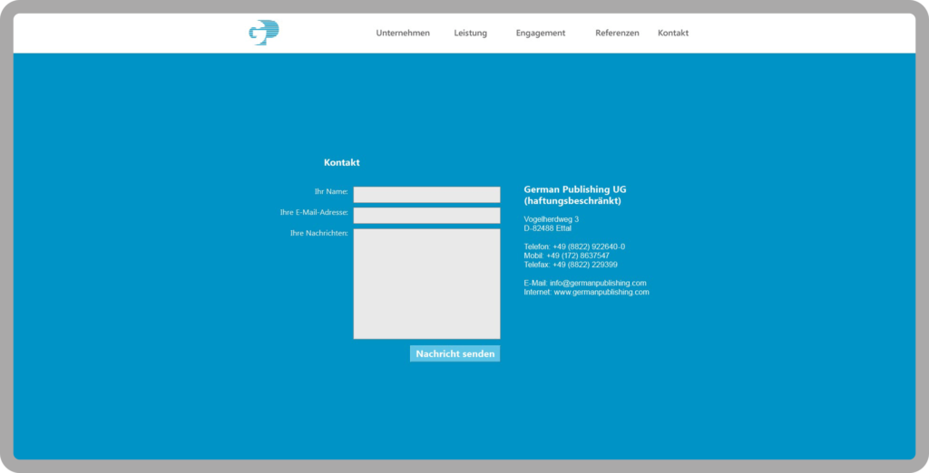 Unterseite Kontakt der responsiven Webseite für die Kommunikationsagentur German Publishing ,München, Garmisch-Patenkirchen. Die Webseite wurde auf dem Content-Managementsystem Wordpress und den Programmiersprachen PHP, Javascript, HTML, CSS realisiert.
