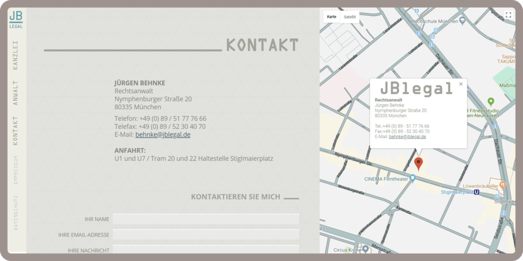 Unterseite Kontakt der responsiven Webseite für die Anwaltskanzlei JB-legal in München. Die Webseite wurde auf dem Content-Managementsystem Wordpress und den Programmiersprachen PHP, Javascript, HTML, CSS realisiert.