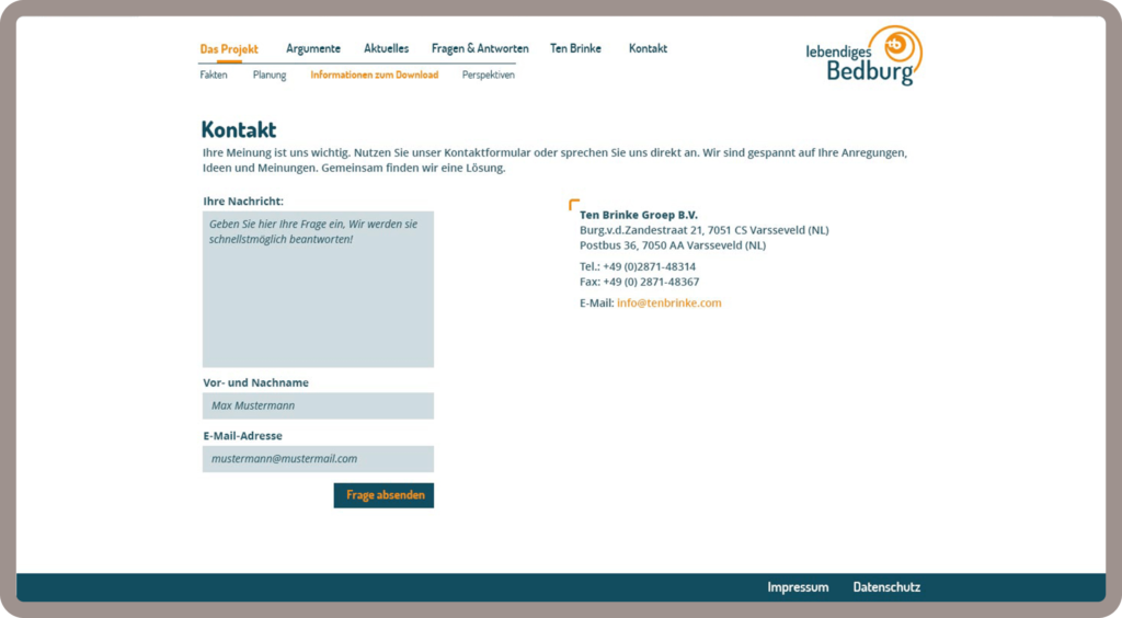 Unterseite Kontakt für Lebendiges Bedburg in Köln wurde auf dem Content-Managementsystem Wordpress und den Programmiersprachen PHP, Javascript, HTML, CSS realisiert.