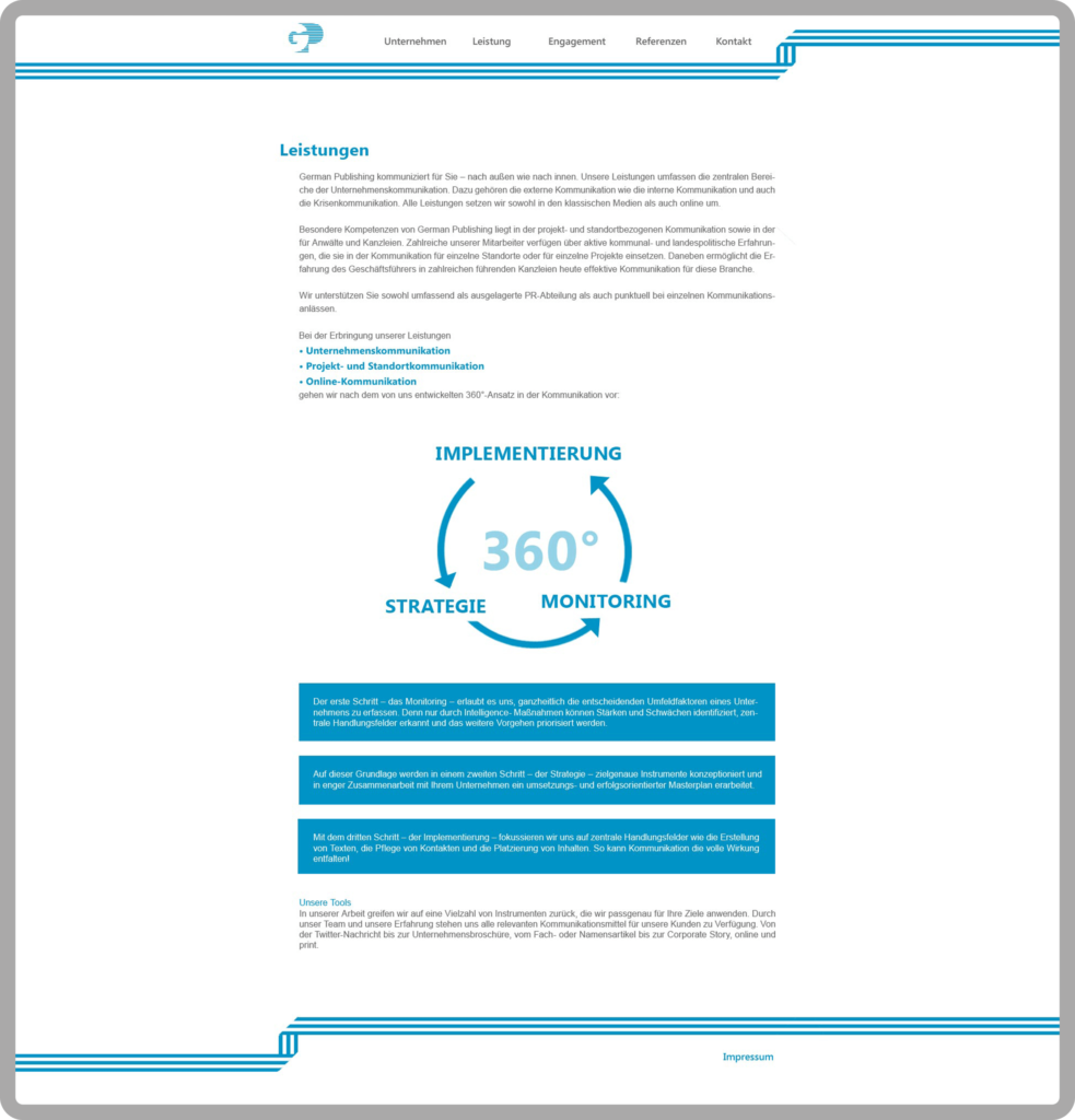 Unterseite Leistungen der responsiven Webseite für die Kommunikationsagentur German Publishing ,München, Garmisch-Patenkirchen. Die Webseite wurde auf dem Content-Managementsystem Wordpress und den Programmiersprachen PHP, Javascript, HTML, CSS realisiert.