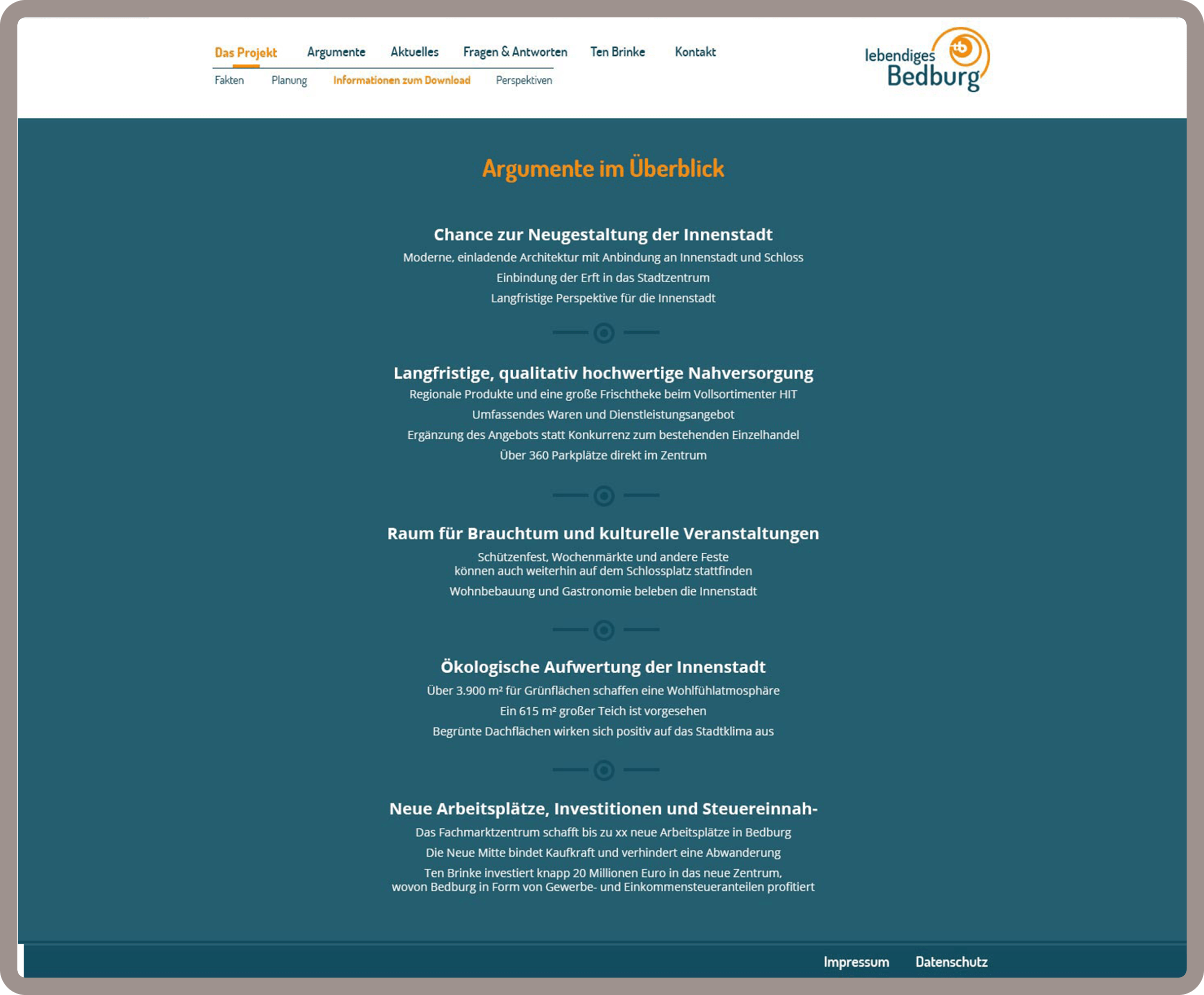 Unterseite das Projekt- Argumente für Lebendiges Bedburg in Köln wurde auf dem Content-Managementsystem Wordpress und den Programmiersprachen PHP, Javascript, HTML, CSS realisiert.