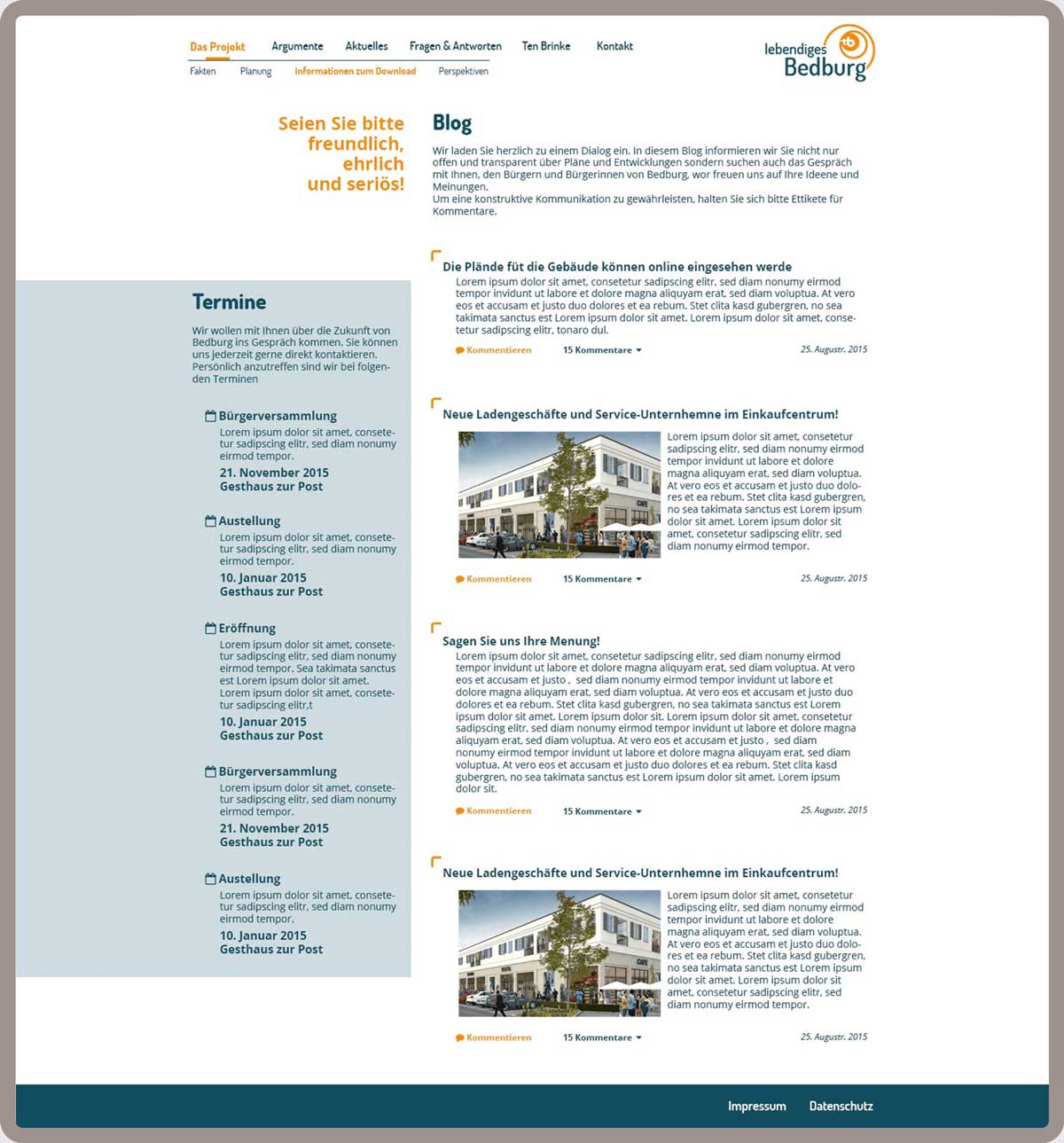 Unterseite das Projekt- Blog für Lebendiges Bedburg in Köln wurde auf dem Content-Managementsystem Wordpress und den Programmiersprachen PHP, Javascript, HTML, CSS realisiert.