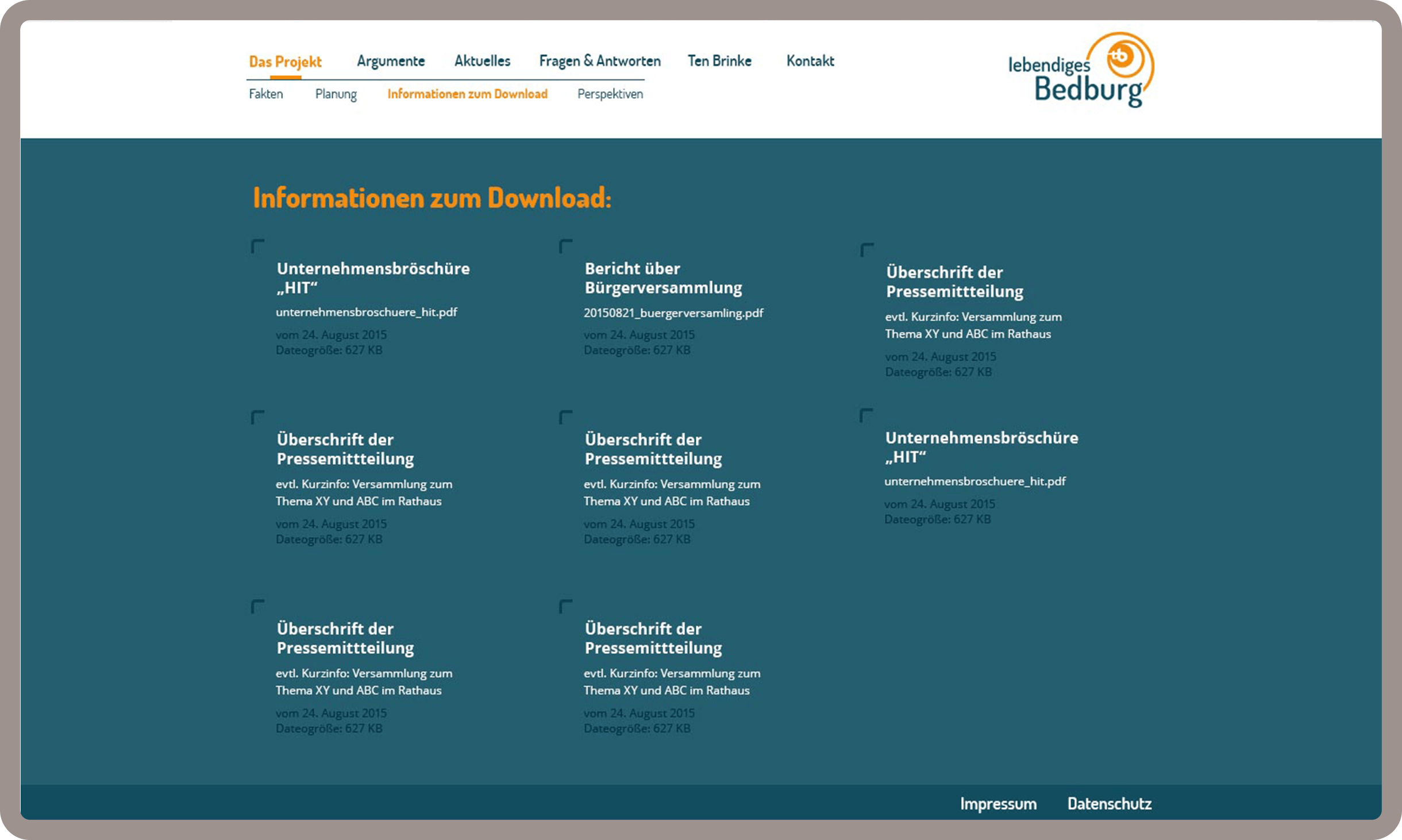 Unterseite das Projekt- Downloads für Lebendiges Bedburg in Köln wurde auf dem Content-Managementsystem Wordpress und den Programmiersprachen PHP, Javascript, HTML, CSS realisiert.