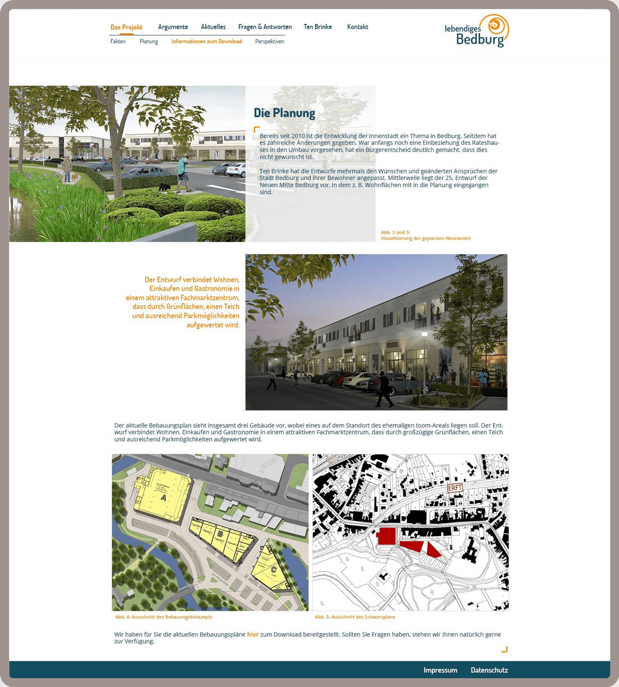 Unterseite das Projekt- Planung für Lebendiges Bedburg in Köln wurde auf dem Content-Managementsystem Wordpress und den Programmiersprachen PHP, Javascript, HTML, CSS realisiert.