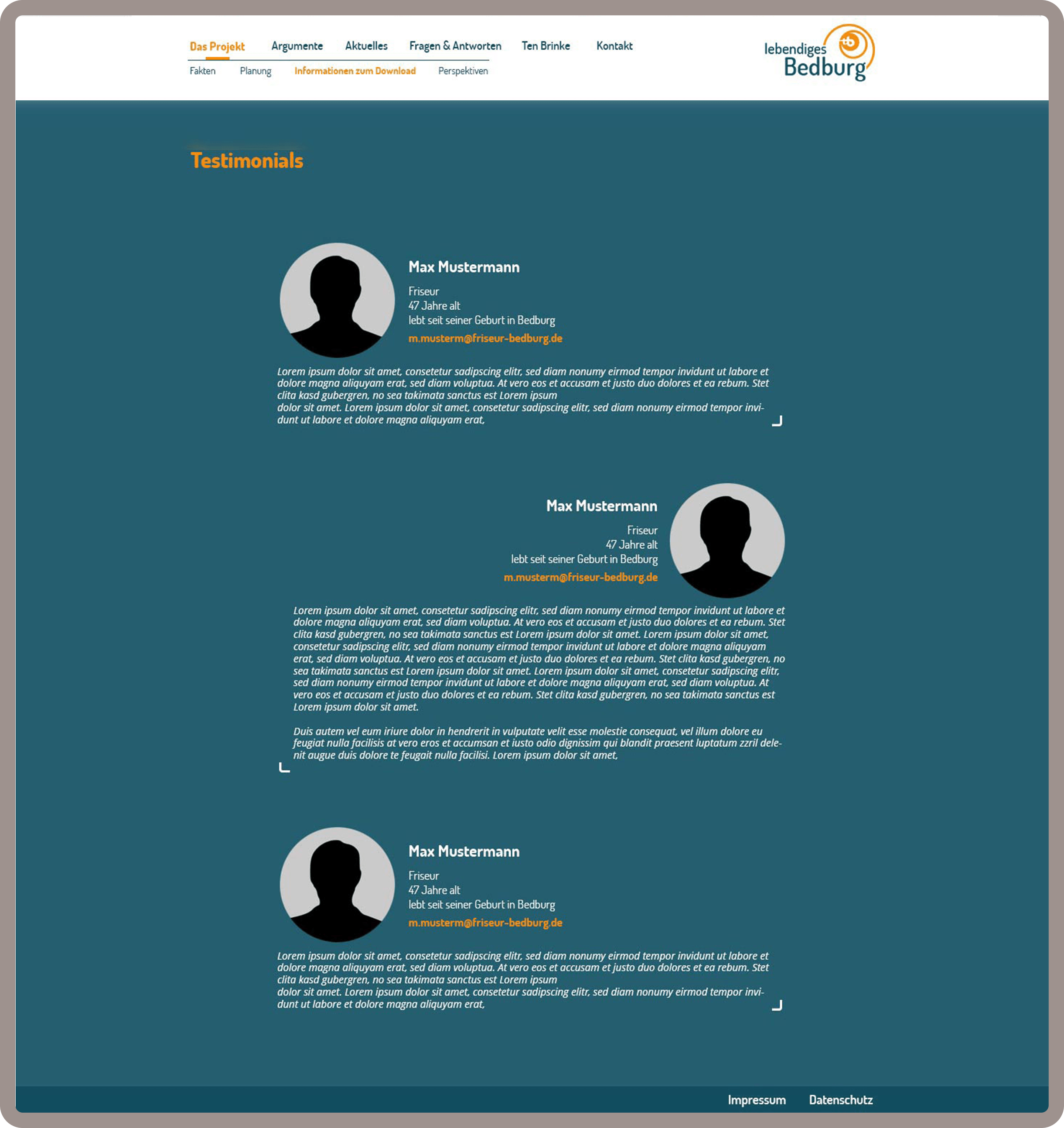 Unterseite Testimonials für Lebendiges Bedburg in Köln wurde auf dem Content-Managementsystem Wordpress und den Programmiersprachen PHP, Javascript, HTML, CSS realisiert.