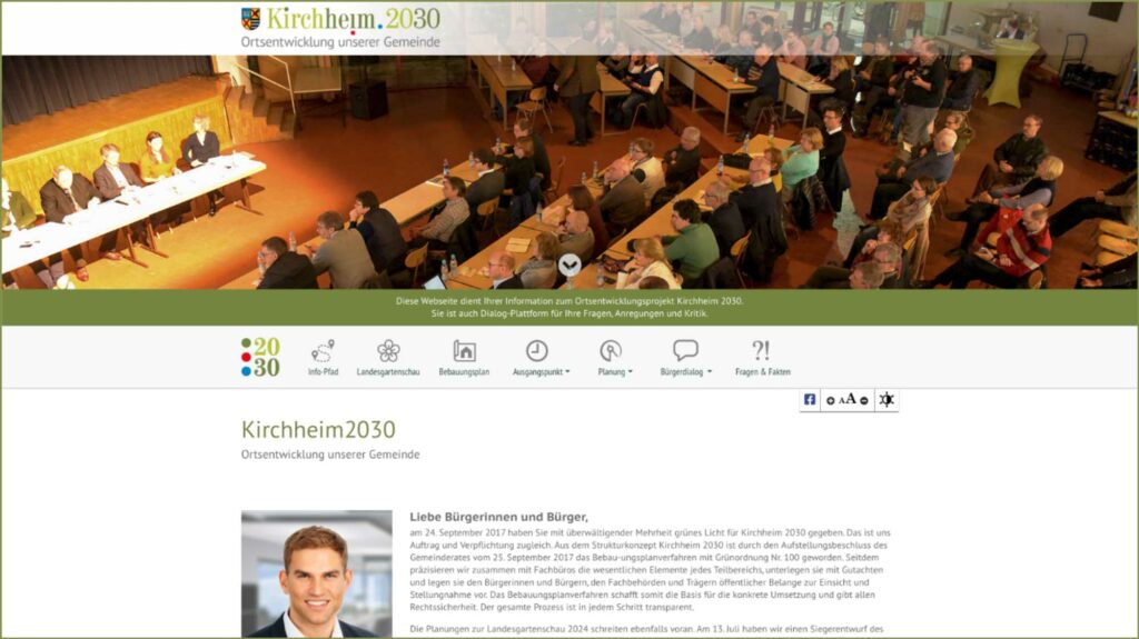 Screenshot der responsiven Webseite für den Bürgerdialog Kirchheim2030 bei München. Die Webseite wurde auf dem Content-Managementsystem Wordpress und den Programmiersprachen PHP, Javascript, HTML, CSS realisiert.