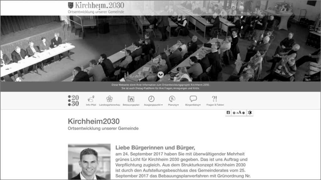 Screenshot der barrierefreien, responsiven Webseite für den Bürgerdialog Kirchheim2030 bei München in schwarz-weiß. Die Webseite wurde auf dem Content-Managementsystem Wordpress und den Programmiersprachen PHP, Javascript, HTML, CSS realisiert.