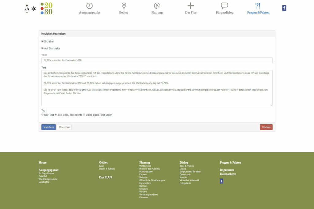 Screenshot - Frage bearbeiten auf der responsiven Webseite für den Bürgerdialog Kirchheim2030 bei München. Die Webseite wurde auf dem Content-Managementsystem Wordpress und den Programmiersprachen PHP, Javascript, HTML, CSS realisiert.