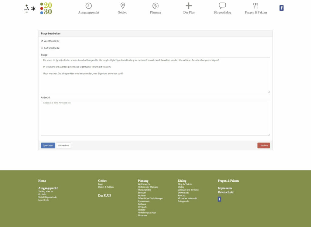 Screenshot - Frage bearbeiten auf der responsiven Webseite für den Bürgerdialog Kirchheim2030 bei München. Die Webseite wurde auf dem Content-Managementsystem Wordpress und den Programmiersprachen PHP, Javascript, HTML, CSS realisiert.