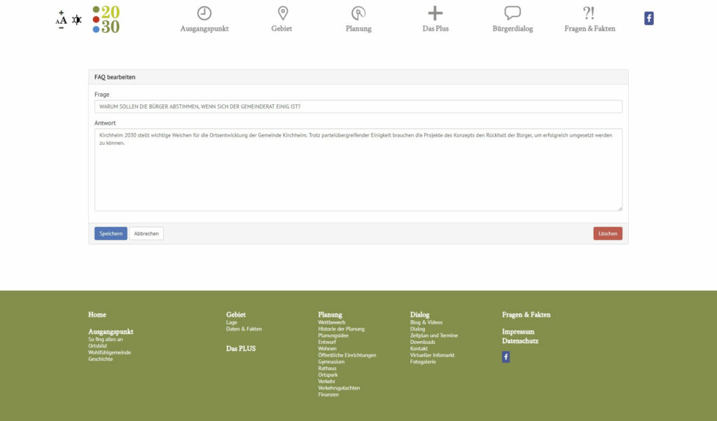 Screenshot - FAQs bearbeiten auf der responsiven Webseite für den Bürgerdialog Kirchheim2030 bei München. Die Webseite wurde auf dem Content-Managementsystem Wordpress und den Programmiersprachen PHP, Javascript, HTML, CSS realisiert.