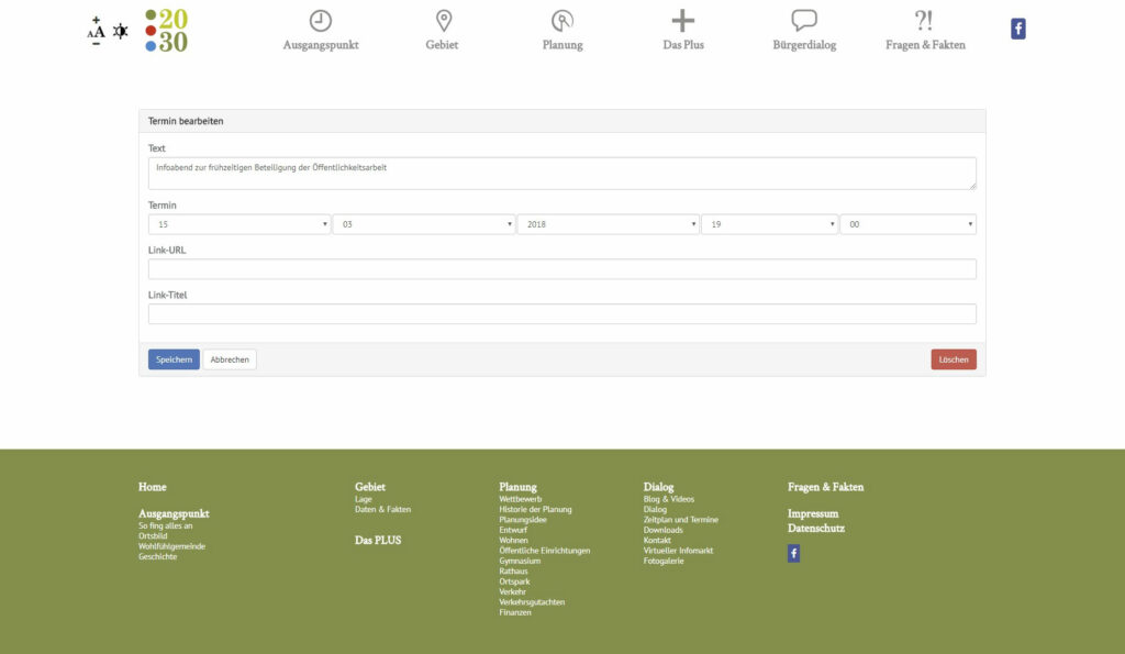 Screenshot - Termin bearbeiten auf der responsiven Webseite für den Bürgerdialog Kirchheim2030 bei München. Die Webseite wurde auf dem Content-Managementsystem Wordpress und den Programmiersprachen PHP, Javascript, HTML, CSS realisiert.