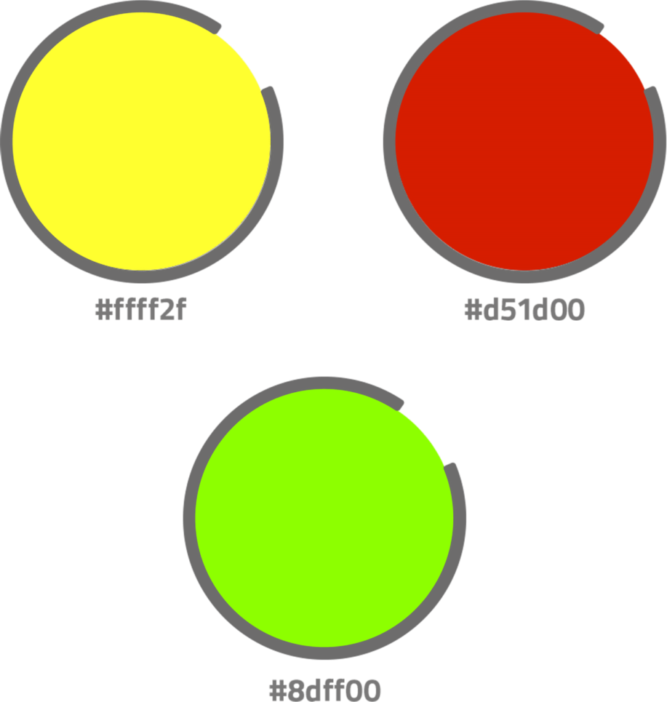 Farben des Corporate Design. Es werden die Hauptfarben Gelb, Rot und Grün gezeigt mit jeweiligem HEX-Code.