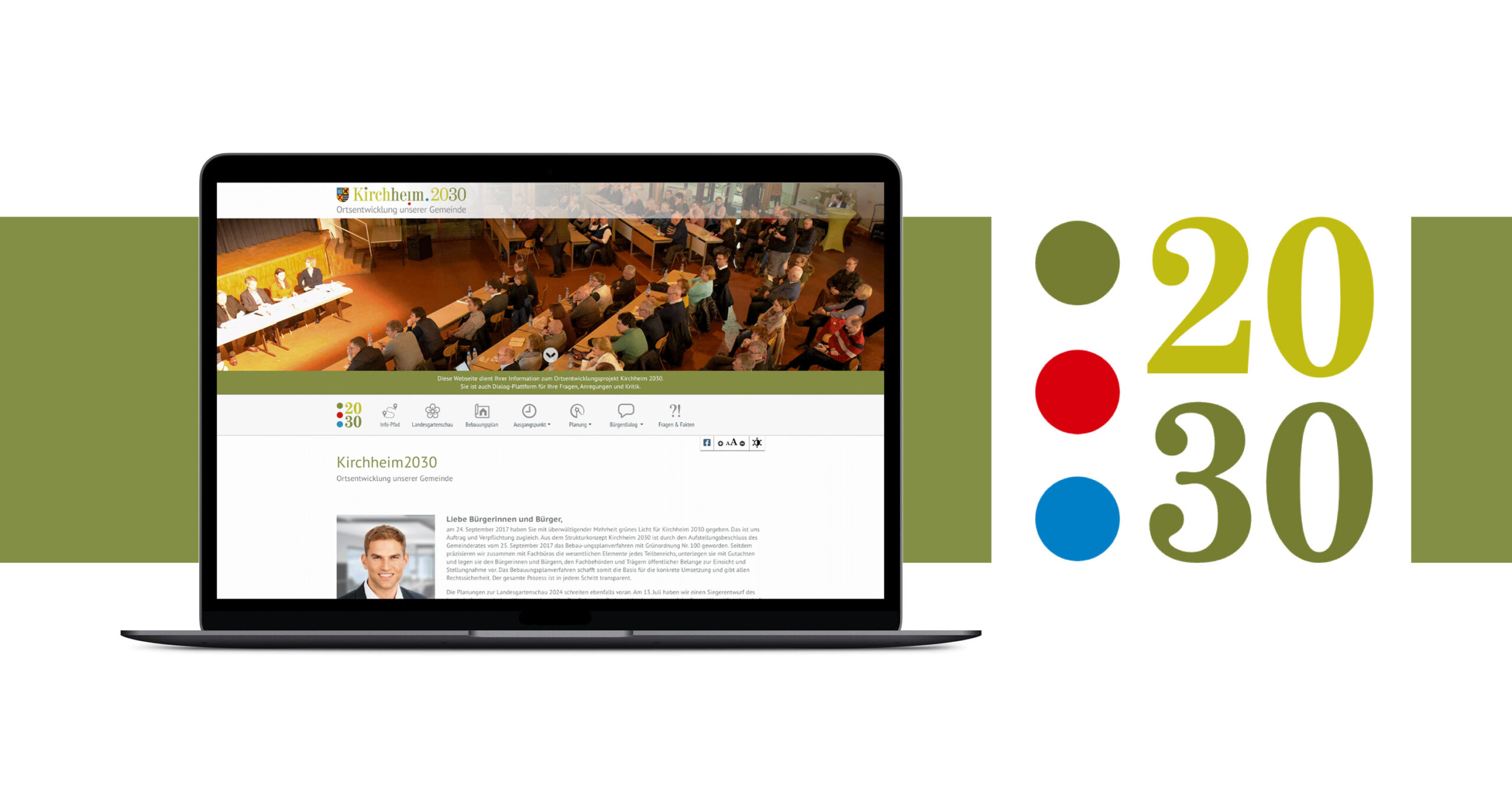 Die responsive Webseite für den Bürgerdialog Kirchheim2030 bei München wurde auf dem Content-Managementsystem Wordpress und den Programmiersprachen PHP, Javascript, HTML, CSS realisiert.