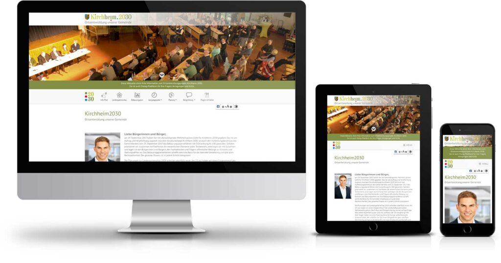 Die responsive Webseite für den Bürgerdialog Kirchheim2030 bei München wurde auf dem Content-Managementsystem Wordpress und den Programmiersprachen PHP, Javascript, HTML, CSS realisiert.