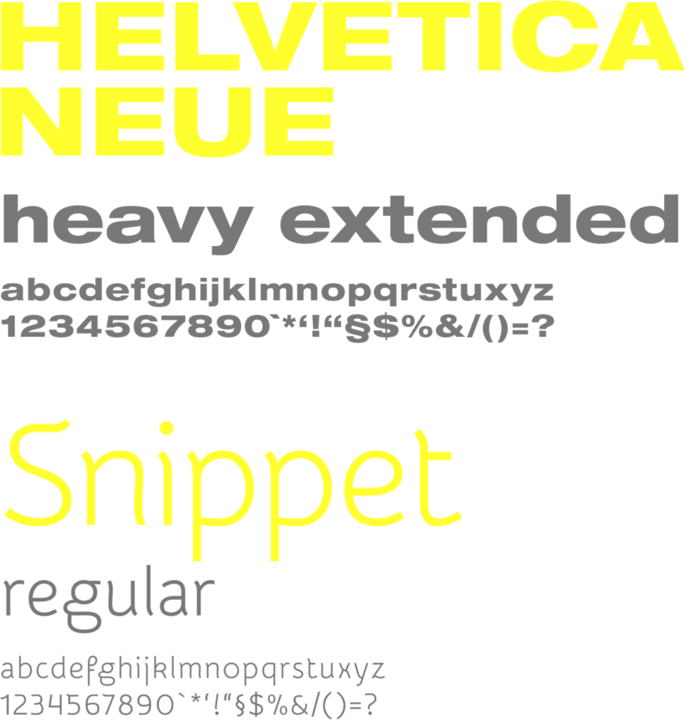 Fontauswahl des Corporate Design für Senah Leo, Berlin. Die Schriften Helvetica Neue und Snippet in gelb und grau.