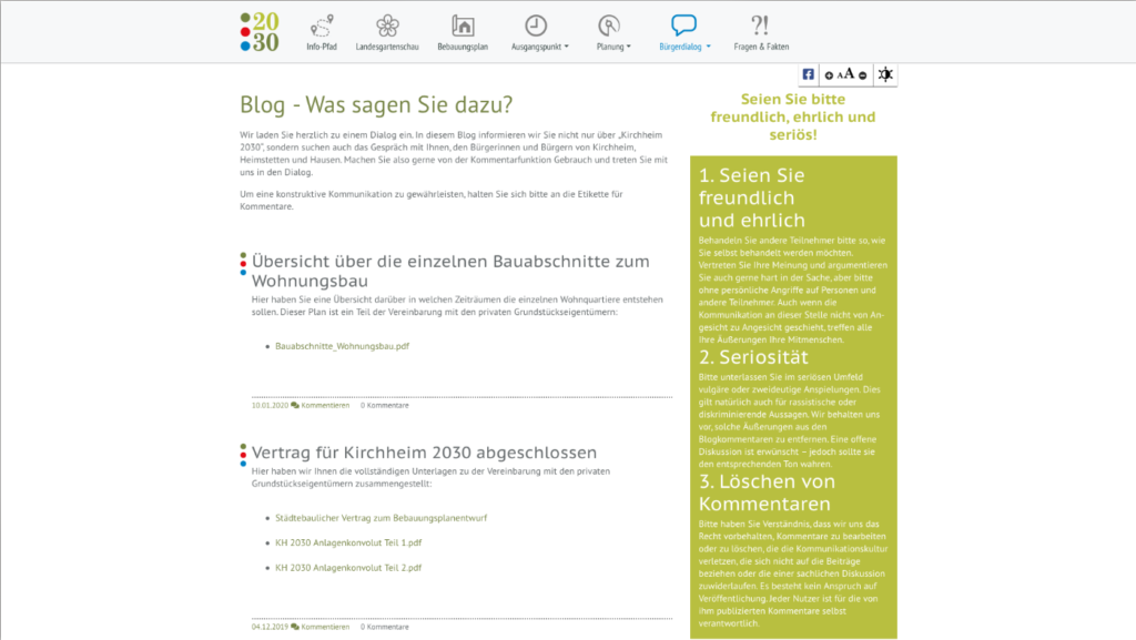 Unterseite Bürgerdialog - Blog der responsiven Webseite für den Bürgerdialog Kirchheim2030 bei München. Die Webseite wurde auf dem Content-Managementsystem Wordpress und den Programmiersprachen PHP, Javascript, HTML, CSS realisiert.
